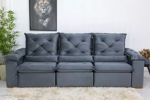 Sofá Retrátil Reclinável Roma 2.70m Veludo Cinza - D28 Soft - Imagem 2