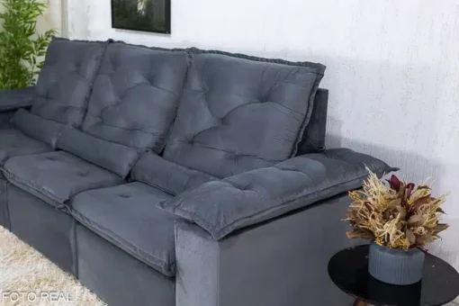 Sofá Retrátil Reclinável Roma 2.70m Veludo Cinza - D28 Soft - Imagem 6