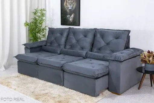 Sofá Retrátil Reclinável Roma 2.70m Veludo Cinza - D28 Soft - Imagem 3