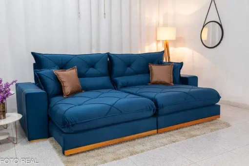 Sofá Retrátil Reclinável Gran Bello 2.90m Veludo Azul – D33 e Molas Ensacadas - Imagem 2