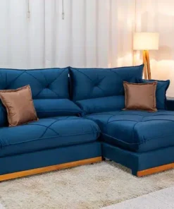 Sofá Retrátil Reclinável Gran Bello 2.90m Veludo Azul – D33 e Molas Ensacadas