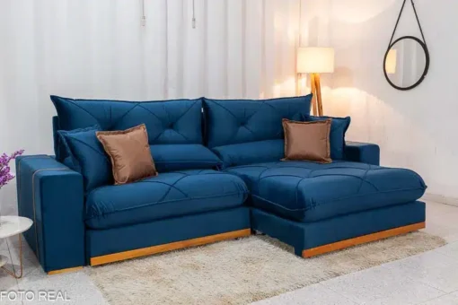 Sofá Retrátil Reclinável Gran Bello 2.90m Veludo Azul – D33 e Molas Ensacadas