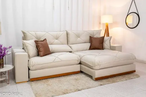 Sofá Retrátil Reclinável Gran Bello 2.90m Veludo Bege – D33 e Molas Ensacadas
