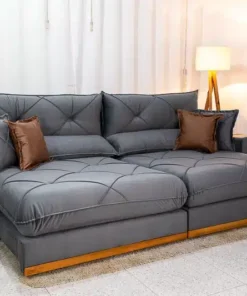 Sofá Retrátil Reclinável Gran Bello 2.90m Veludo Cinza – D33 e Molas Ensacadas