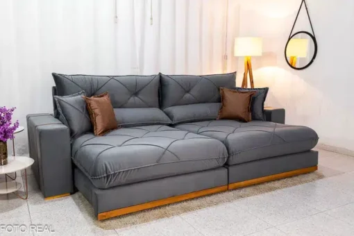 Sofá Retrátil Reclinável Gran Bello 2.90m Veludo Cinza – D33 e Molas Ensacadas