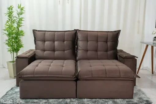 Sofá Retrátil Reclinável Grécia 2.10m Veludo Cinza Marrom – D33 e Molas Ensacadas - Imagem 6