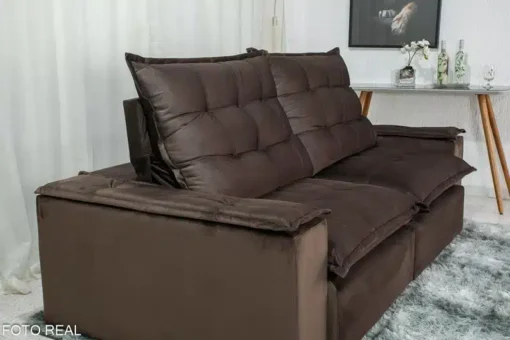 Sofá Retrátil Reclinável Grécia 2.10m Veludo Cinza Marrom – D33 e Molas Ensacadas - Imagem 4
