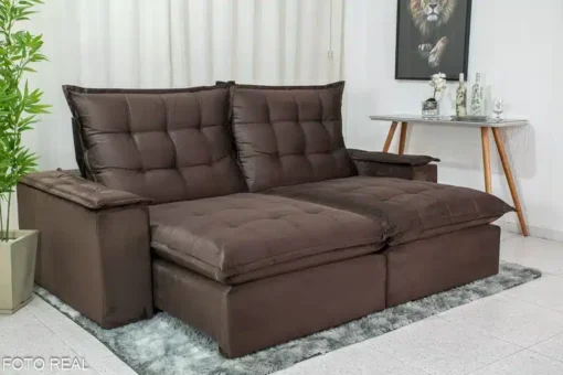 Sofá Retrátil Reclinável Grécia 2.10m Veludo Cinza Marrom – D33 e Molas Ensacadas