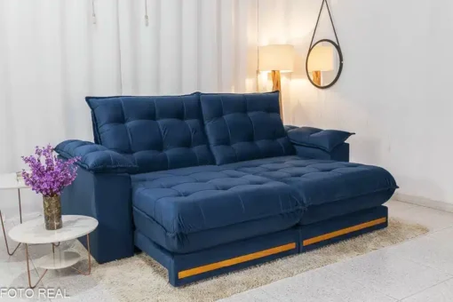 Sofá Retrátil Reclinável Barcelona 2.30m Veludo Azul – D33 e Molas Ensacadas