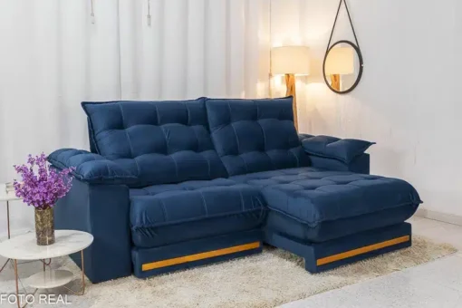 Sofá Retrátil Reclinável Barcelona 2.30m Veludo Azul – D33 e Molas Ensacadas - Imagem 2