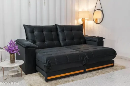 Sofá Retrátil Reclinável Barcelona 2.30m Veludo Preto – D33 e Molas Ensacadas