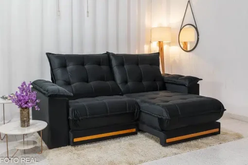 Sofá Retrátil Reclinável Barcelona 2.30m Veludo Preto – D33 e Molas Ensacadas - Imagem 2