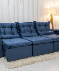 Sofá Retrátil Reclinável Grécia 2.70m Veludo Azul – Sem Caixa