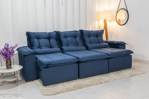 Sofá Retrátil Reclinável Grécia 2.70m Veludo Azul – Sem Caixa
