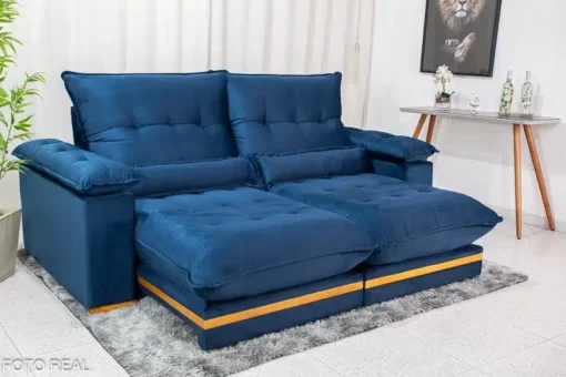 Sofá Retrátil Reclinável Ibiza Deluxe 2.30m Veludo Azul - D33 e Molas Ensacadas - Imagem 2