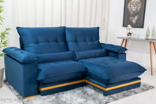 Sofá Retrátil Reclinável Ibiza Deluxe 2.30m Veludo Azul - D33 e Molas Ensacadas