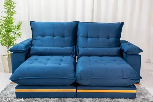 Sofá Retrátil Reclinável Ibiza Deluxe 2.30m Veludo Azul - D33 e Molas Ensacadas - Imagem 5