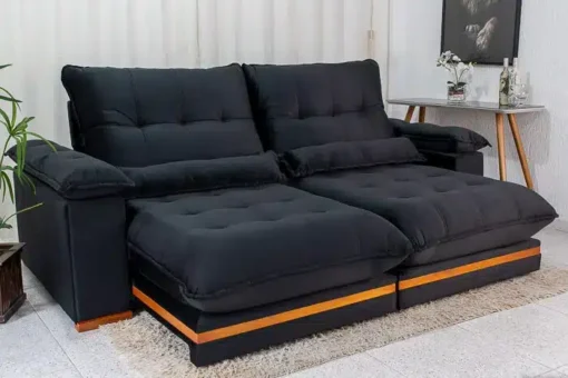 Sofá Retrátil Reclinável Ibiza Deluxe 2.50m Veludo Preto – D33 e Molas Ensacadas