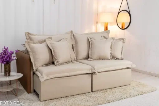 Sofá Retrátil Reclinável e Sofá Cama Lima 2.00m Linho Bege Courino – Sem Caixa