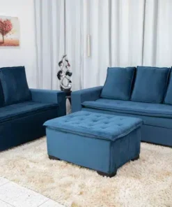 Sofá 3 e 2 lugares França com Puff Veludo Azul Larg. 1.86m