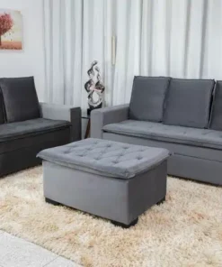 Sofá 3 e 2 lugares França com Puff Veludo Cinza Larg. 1.86m