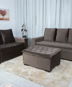 Sofá 3 e 2 lugares França com Puff Veludo Marrom Larg. 1.86m