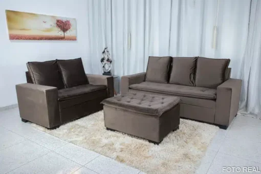 Sofá 3 e 2 lugares França com Puff Veludo Marrom Larg. 1.86m