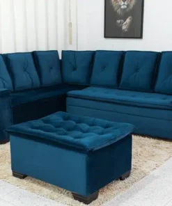 Sofá Canto 5 lugares com Puff Alemanha Veludo Azul