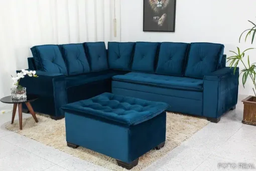 Sofá Canto 5 lugares com Puff Alemanha Veludo Azul