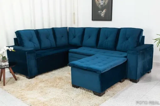 Sofá Canto 5 lugares com Puff Alemanha Veludo Azul - Imagem 3