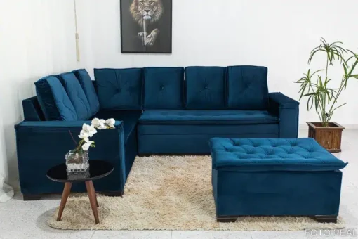 Sofá Canto 5 lugares com Puff Alemanha Veludo Azul - Imagem 2