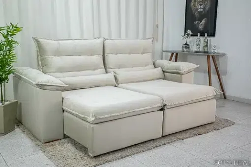 Sofá Retrátil Reclinável Emanuelly 2.30m Veludo Bege - D28 Soft