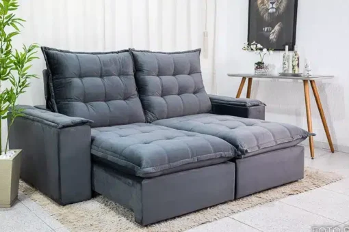 Sofá Retrátil Reclinável Grécia 2.10m Veludo Cinza - D33 e Molas Ensacadas - Imagem 2