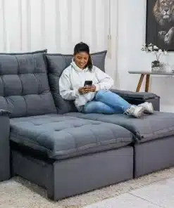 Sofá Retrátil Reclinável Grécia 2.10m Veludo Cinza - D33 e Molas Ensacadas