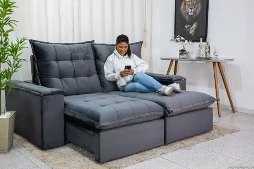 Sofá Retrátil Reclinável Grécia 2.10m Veludo Cinza - D33 e Molas Ensacadas