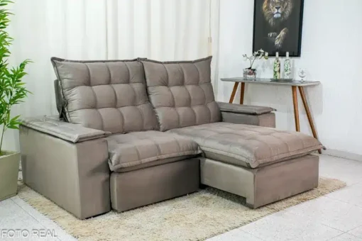 Sofá Retrátil Reclinável Grécia 2.10m Veludo Cinza – D33 e Molas Ensacadas