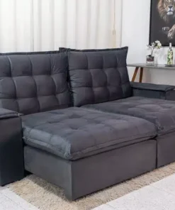 Sofá Retrátil Reclinável Grécia 2.30m Veludo Cinza – D33 e Molas Ensacadas