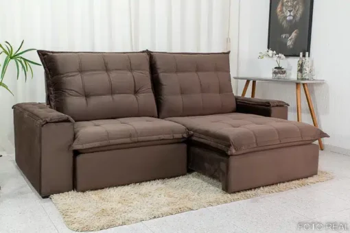 Sofá Retrátil Reclinável Grécia 2.30m Veludo Marrom - D33 e Molas Ensacadas - Imagem 2