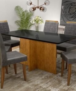 Mesa Los Angeles Tampo Cinamono/Preto 80×160 cm com 6 Cadeiras Las Vegas Cinza