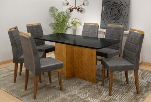 Mesa Los Angeles Tampo Cinamono/Preto 80×160 cm com 6 Cadeiras Las Vegas Cinza