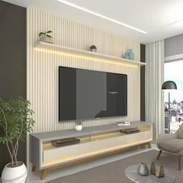 Painel até 85″ Nobre 230 Off White + Rack Requinte 212 Cinza/Off White – GELIUS