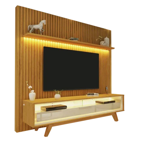 Rack Requinte Naturale/off Larg. 1.72m + Painel Nobre Naturale Ripado C/ Led 100% MDF TV até 85 Polegadas Larg. 1.85m - Gelius - Imagem 2