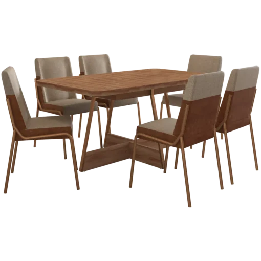 Mesa Átria 1592 160 Rosê Cobre/Nogal Freijó com 6 Cadeiras Hug 1749 Rosê Cobre/Linho Areia/Corino Caramelo – CARRARO - Imagem 2