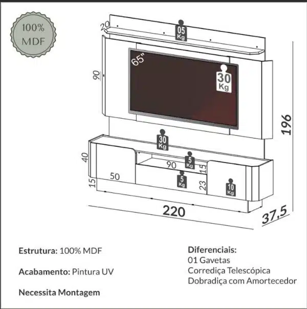Painel + Rack até 65″ TB116L Off White/Freijó – DALLA COSTA - Image 3