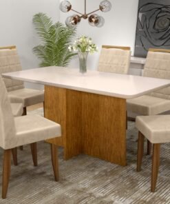 Mesa Los Angeles Tampo off white 80×160 cm com 6 Cadeiras Las Vegas Bege