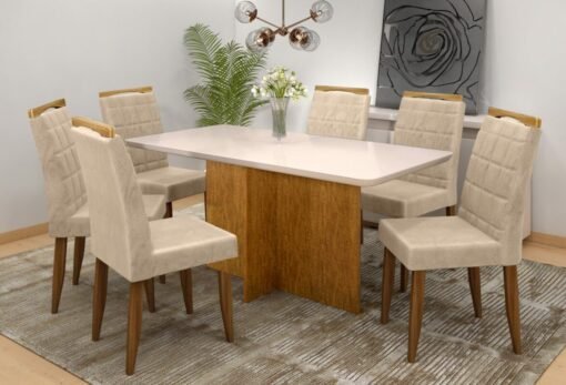 Mesa Los Angeles Tampo off white 80×160 cm com 6 Cadeiras Las Vegas Bege
