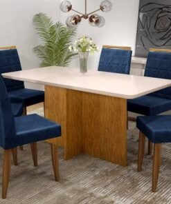Mesa Los Angeles Tampo off white 80×160 cm com 6 Cadeiras Las Vegas Azul
