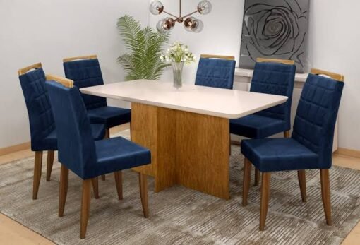 Mesa Los Angeles Tampo off white 80×160 cm com 6 Cadeiras Las Vegas Azul