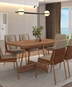 Mesa Átria 1592 160 Rosê Cobre/Nogal Freijó com 6 Cadeiras Hug 1749 Rosê Cobre/Linho Areia/Corino Caramelo – CARRARO