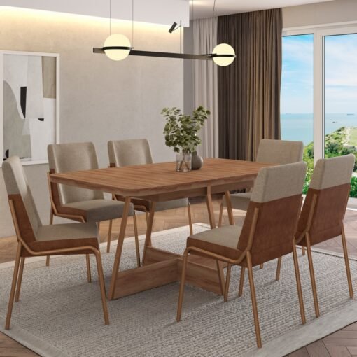 Mesa Átria 1592 160 Rosê Cobre/Nogal Freijó com 6 Cadeiras Hug 1749 Rosê Cobre/Linho Areia/Corino Caramelo – CARRARO